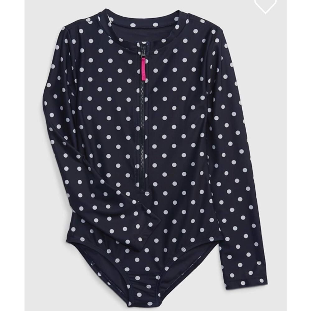 NWT Gap Gapkids Zipper Rash Guard Swim One-Piece in Navy Polka Dots (XS)